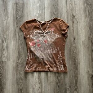 Vintage Made in USA Blue Canyon Brown Floral Short Sleeve Top